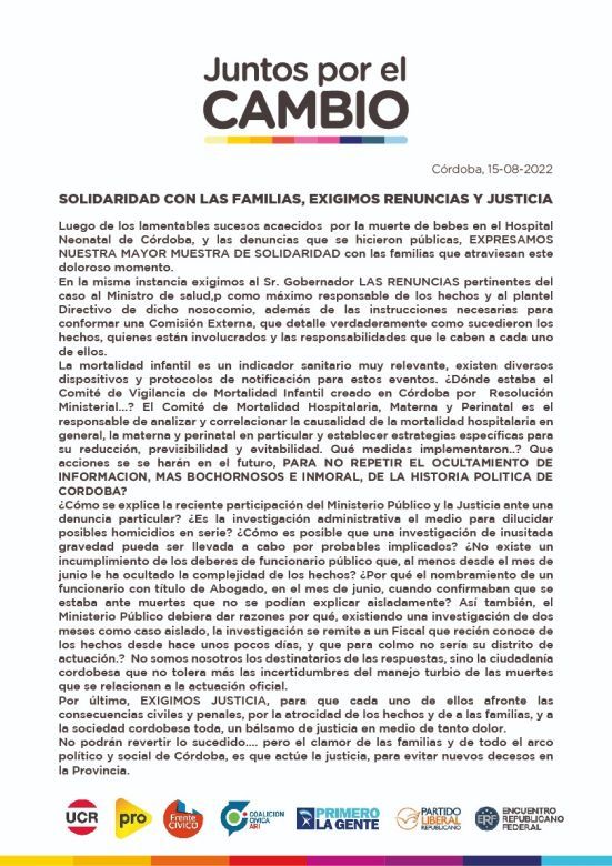 Juntos por el Cambio reclama la renuncia del ministro Cardozo por las muertes en el Neonatal