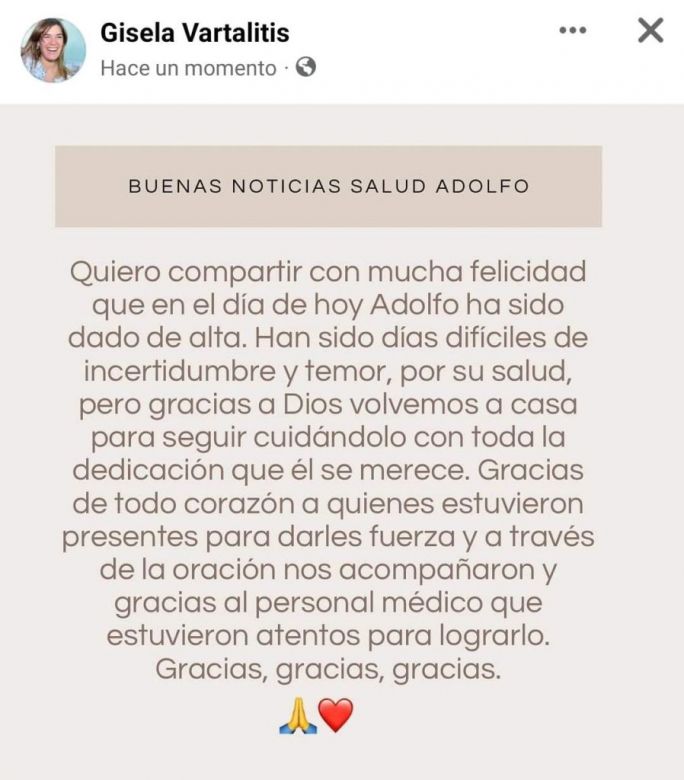 Adolfo Rodríguez Saá fue dado de alta