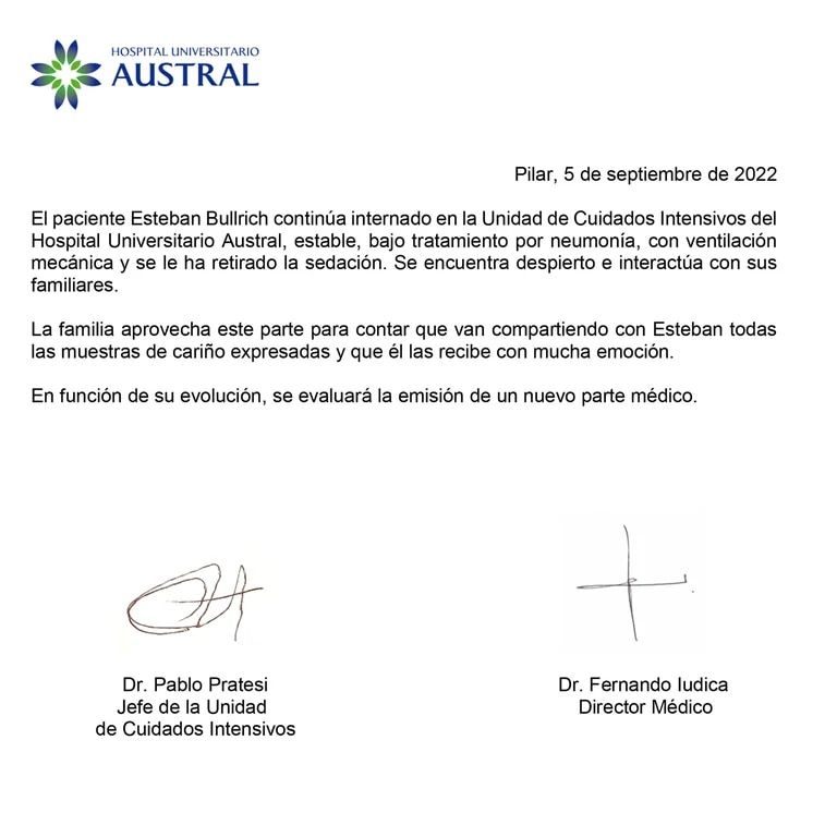 Nuevo parte médico de Esteban Bullrich: continúa estable, se le retiró la sedación y responde a los estímulos