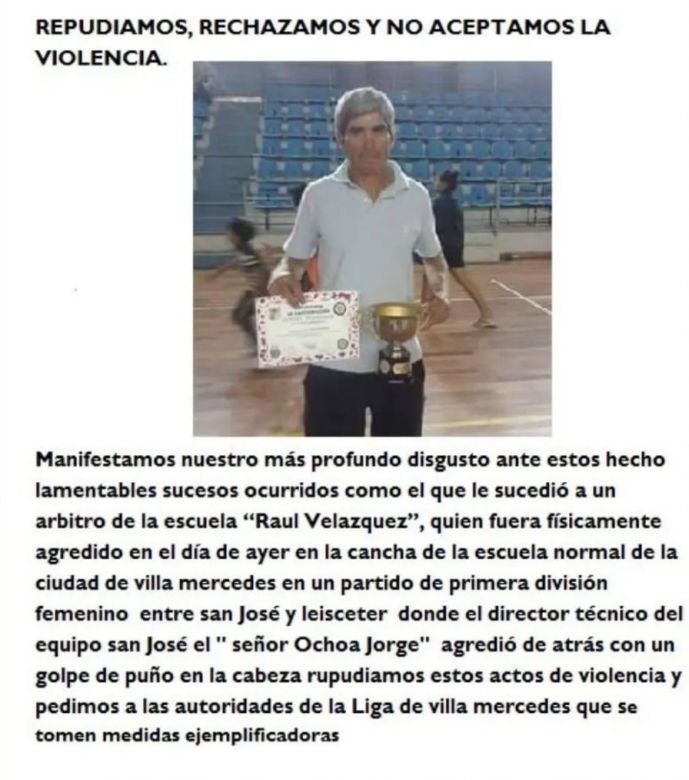 Repudio y rechazo por la agresión a un árbitro de Villa Mercedes