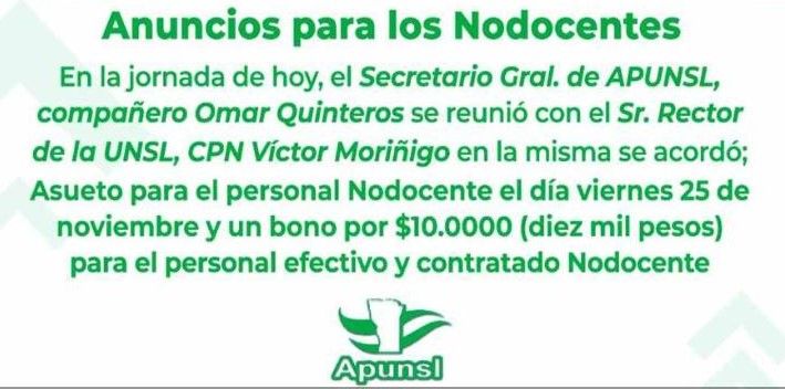 Asueto y bono para trabajadores no docentes de la UNSL