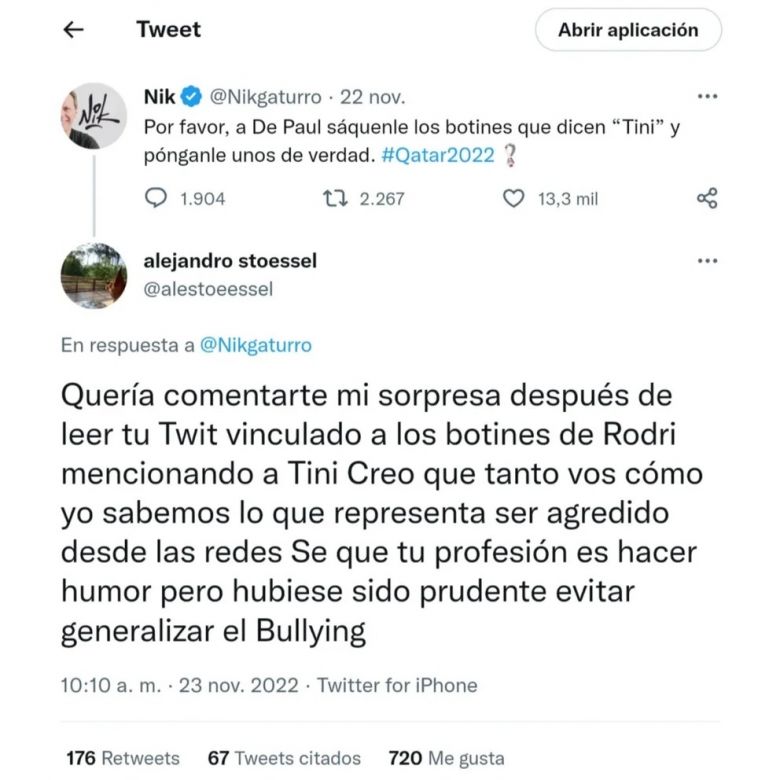 Alejandro Stoessel cruzó a Nik por un tuit referido a Tini: “Hubiese sido prudente evitar generalizar el bullying”