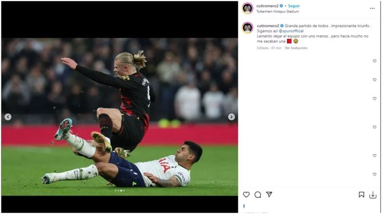 El Cuti Romero se fue expulsado en el partido contra el Manchester City y subió un curioso posteo en sus redes