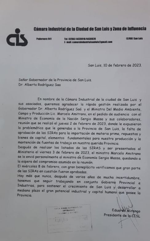 Industriales de San Luis destacan la intervención del Gobierno provincial para destrabar las importaciones
