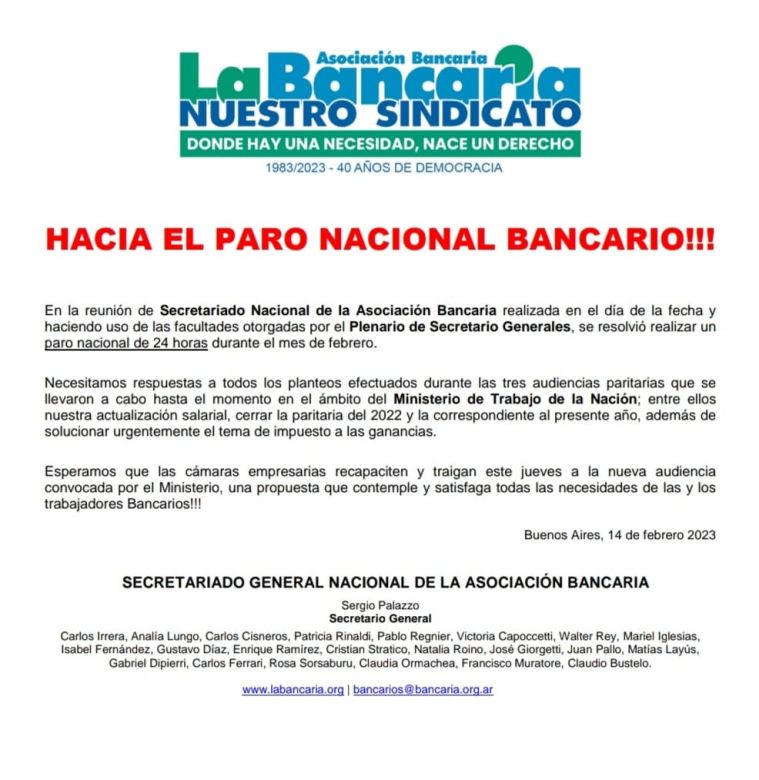 Los bancarios anuncian paro general por 24 horas