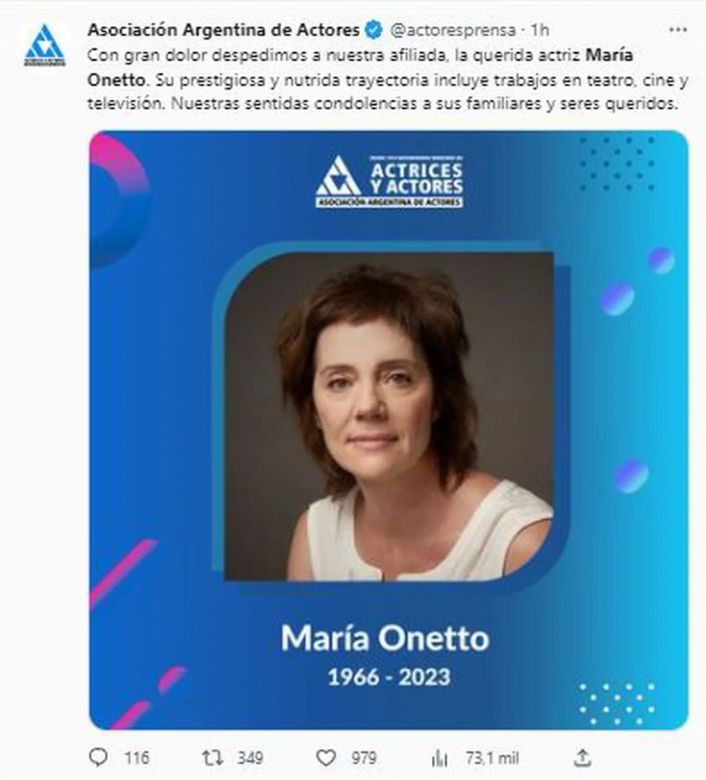 Conmoción por la muerte de María Onetto: los famosos despidieron a la actriz y le dedicaron sentidos mensajes