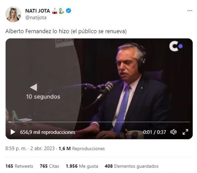 Nati Jota lanzó una ironía sobre la última entrevista a Alberto Fernández y generó polémica en las redes