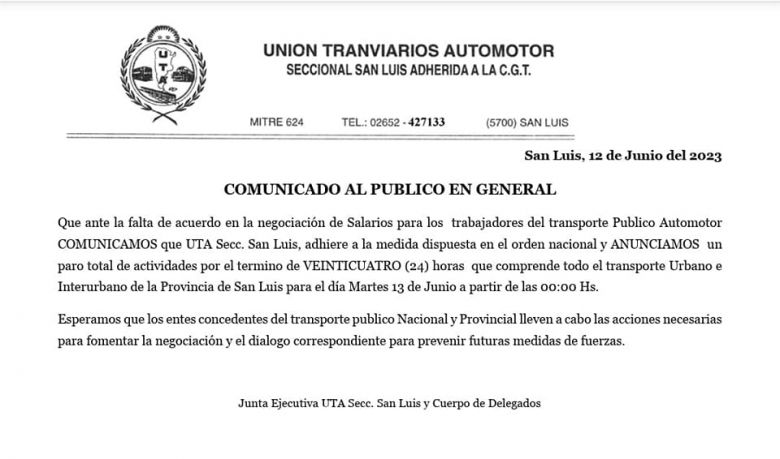 Paro Total del Transporte Urbano e Interurbano en San Luis