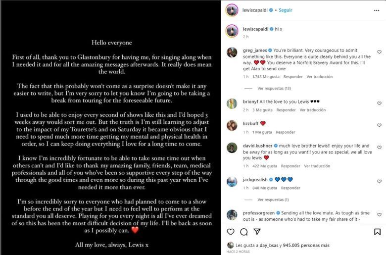 Lewis Capaldi sufrió un brote de Tourette en pleno recital: “Voy a tomar un descanso de la gira”