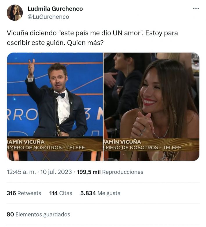 Benjamín Vicuña se volvió viral por una romántica frase para Pampita en los Martín Fierro 