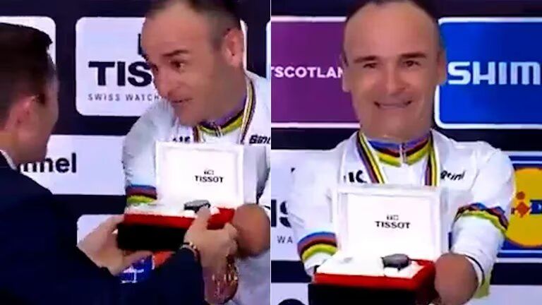 Un ciclista paralímpico sin manos recibió un reloj pulsera de premio en el Mundial de Glasgow
