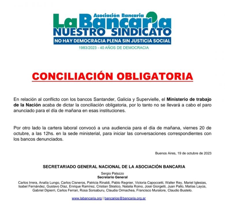 Se levantó el paro bancario de mañana que afectaba al Santander, Galicia y Supervielle