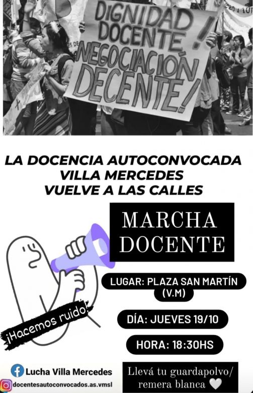 Hoy realizan en Villa Mercedes, una nueva marcha los docentes autoconvocados