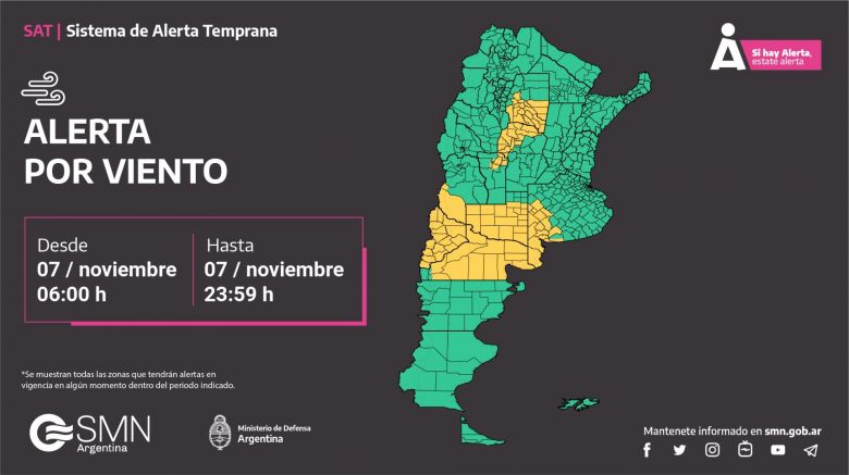 Alerta amarillo por tormentas en tres provincias y viento en otras ocho