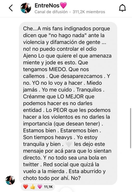 Lali Espósito se indignó por los mensajes de odio que recibe en las redes y lanzó una advertencia
