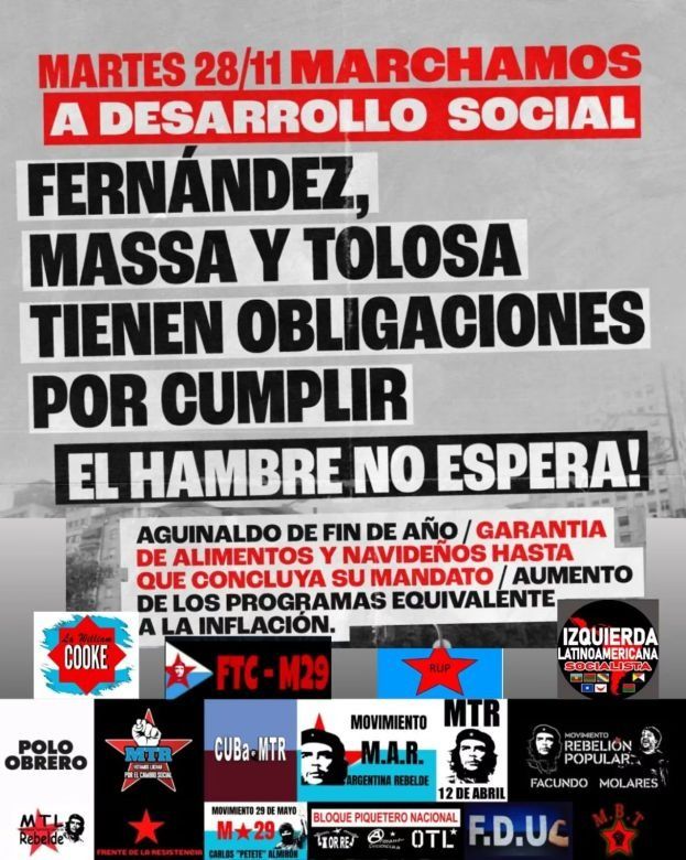 Piqueteros le exigen a Massa el pago del medio aguinaldo para planes sociales antes del cambio de gobierno 