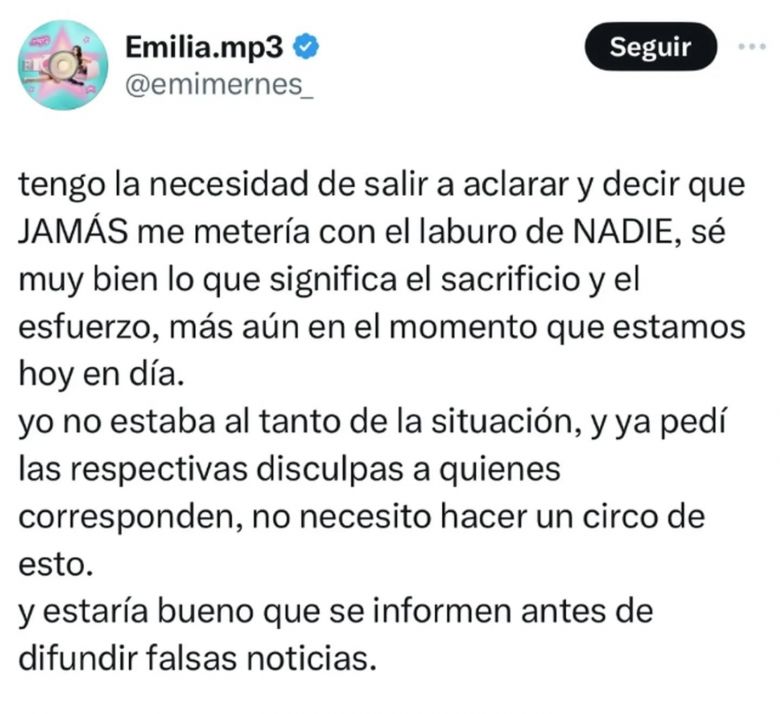 Emilia Mernes intimó a una emprendedora e hizo un fuerte descargo tras el escándalo: “No estaba al tanto”