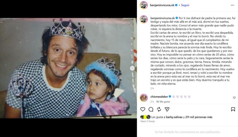 A 20 a&ntilde;os de su nacimiento: Benjam&iacute;n Vicu&ntilde;a record&oacute; a Blanca con un texto que conmovi&oacute; en redes